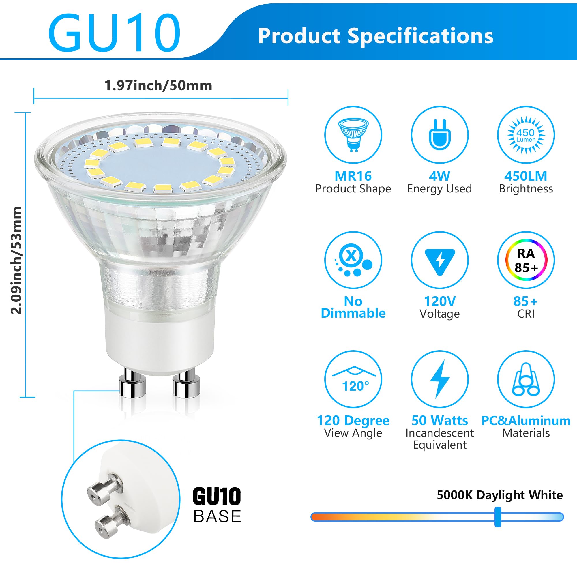 Maylaywood GU10 LED Light Bulb, 50 Watt Halogen Equivalent, Daylight White 5000K 450LM Non-Dimmable 4W LED Replacement Recessed Track Lighting, 5-Pack