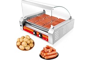 VEXON 1700W Hot Dog Rollers,30 Hot Dog Capacity 11 Non-Stick Stainless Steel Rollers,Hot Dog Machine with Dust Cover,Hot Dog Roller Machine with Dual Temp Control and Led Light/Detachable Drip Tray (White)