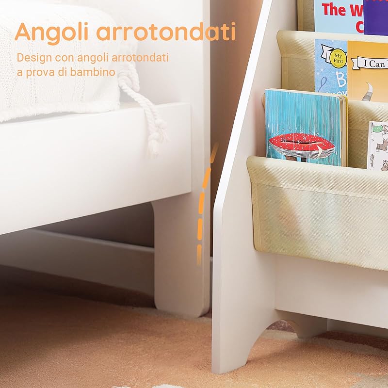 Libreria Montessoriana per Bambini Organizer con 4 Tasche in Tessuto Scaffale Porta Libri e Giochi, Portariviste a Terra Scaffale per Riviste Salvaspazio, Bianco 62x30x71cm FRG225-W