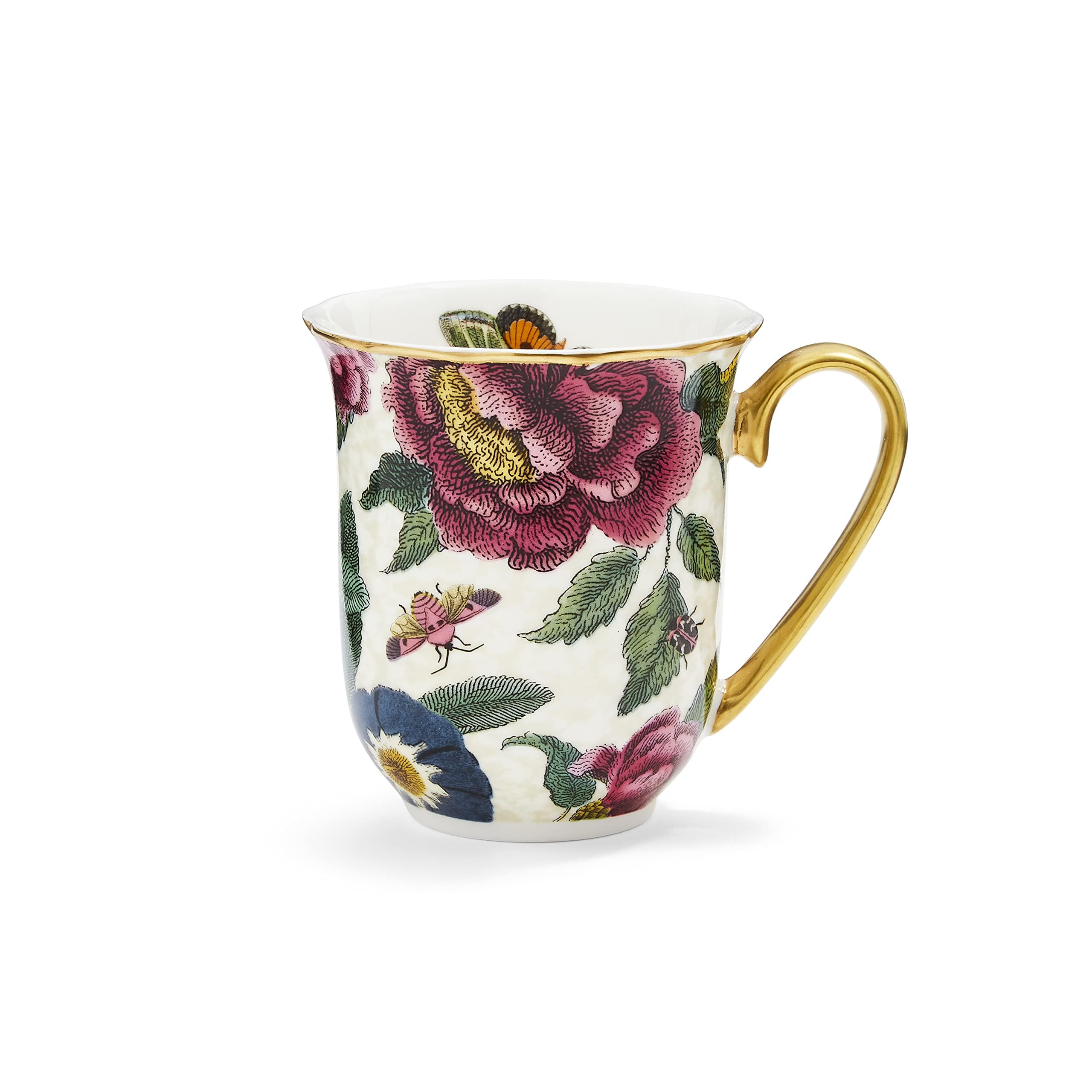 Spode Creatures of Curiosity Coffee Mug - Cream Floral Fine China White Mug with 22-Carat Gold Detailing, Presented in a Giftable Box, Suitable for Tea or Coffee, 340ml