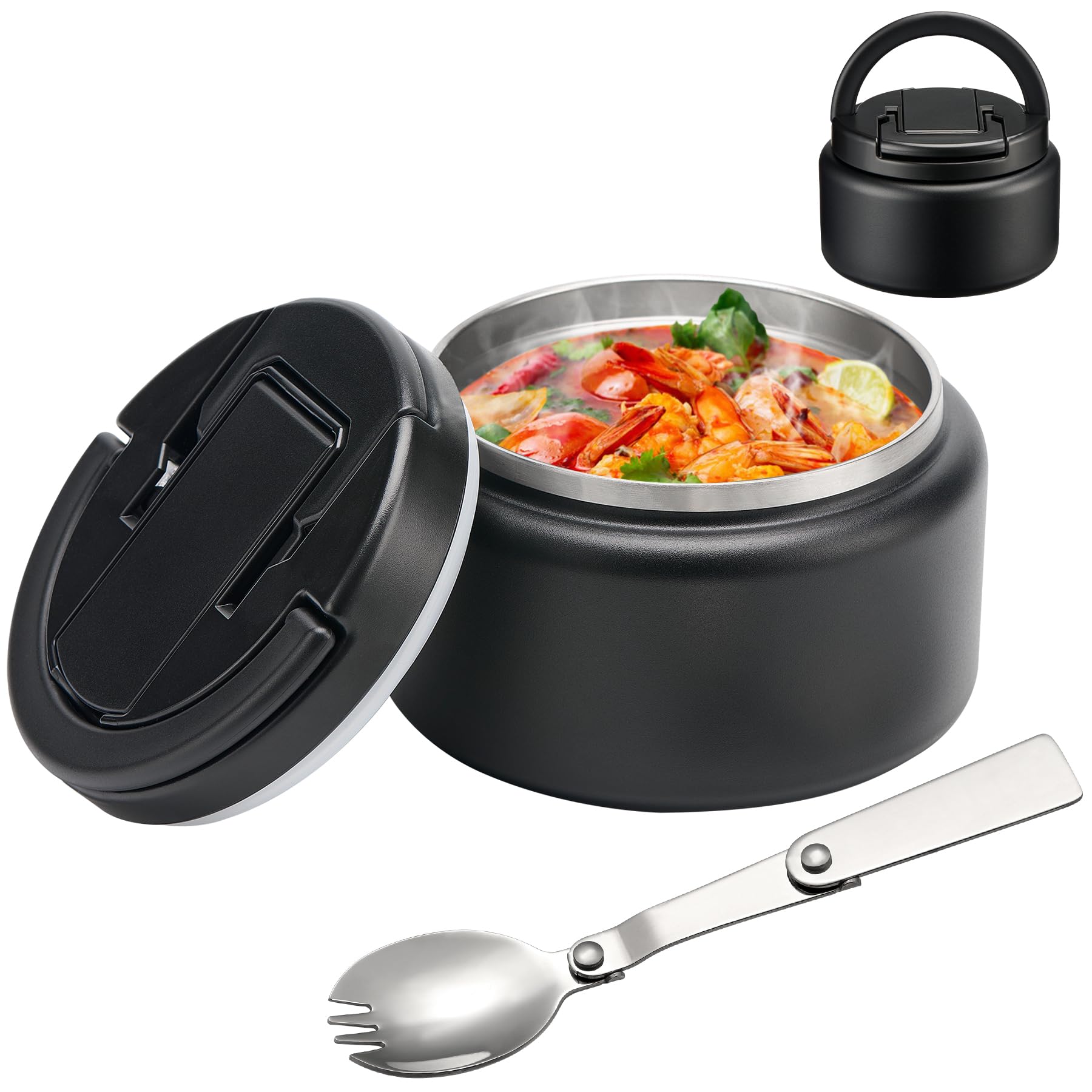 Photo 1 of 13.5oz Soup Thermo for Hot Food Kids Insulated Vacuum Food Jar with Buckle Lid,Wide Mouth Leakproof Stainless Steel Lunch Container with Spoon-Black