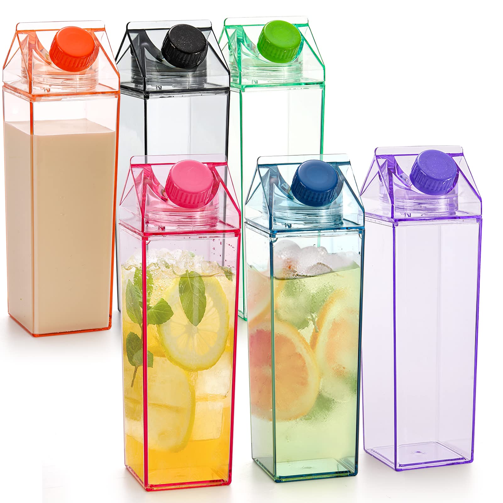 yarlung Set of 6 Plastic Milk Carton Colorful Clear Water Bottle, 17 Oz/500ml Portable Milk Box Leakproof Square Juice Bottle for Outdoor Sports Travel Camping