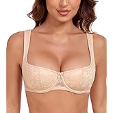 Lemorosy Women's Sexy Lightly Padded Push Up Demi Half Cup Underwire Scoop Neck Balconette Mesh Bra