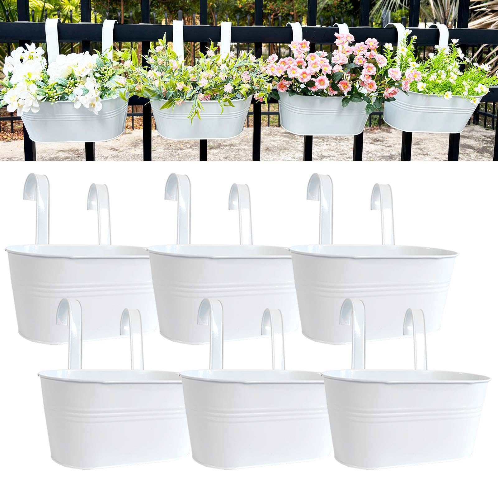 Photo 1 of 12" Balcony Railing Planters, Outdoor Hanging Planter for Fence, Stylish Metal Porch Deck Flower Pot for Herbs & Succulents (White, Pack of 6)