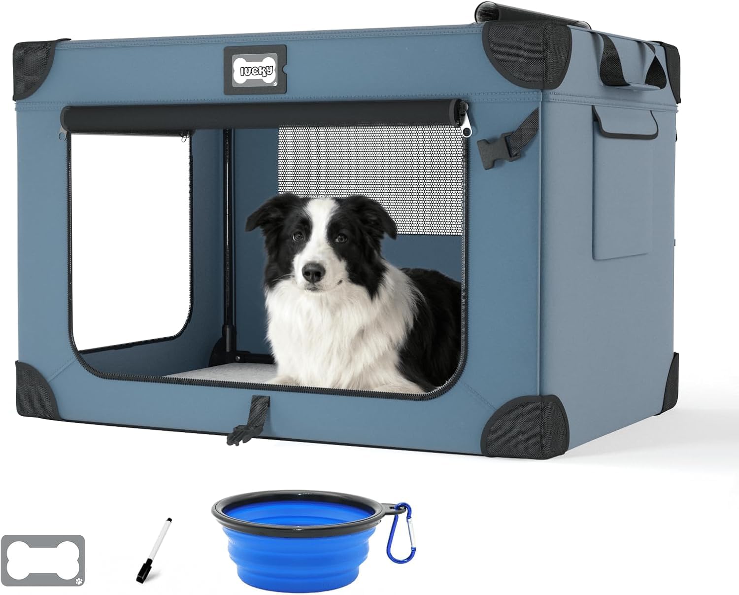 36 inch soft collapsible dog crate, portable travel dog crate for indoor and outdoor use, oxford fabric pet carrier with chew-proof mesh window, warm blanket and foldable bowl, blue blue 36.0"l x 25.0"w x 25.0"h