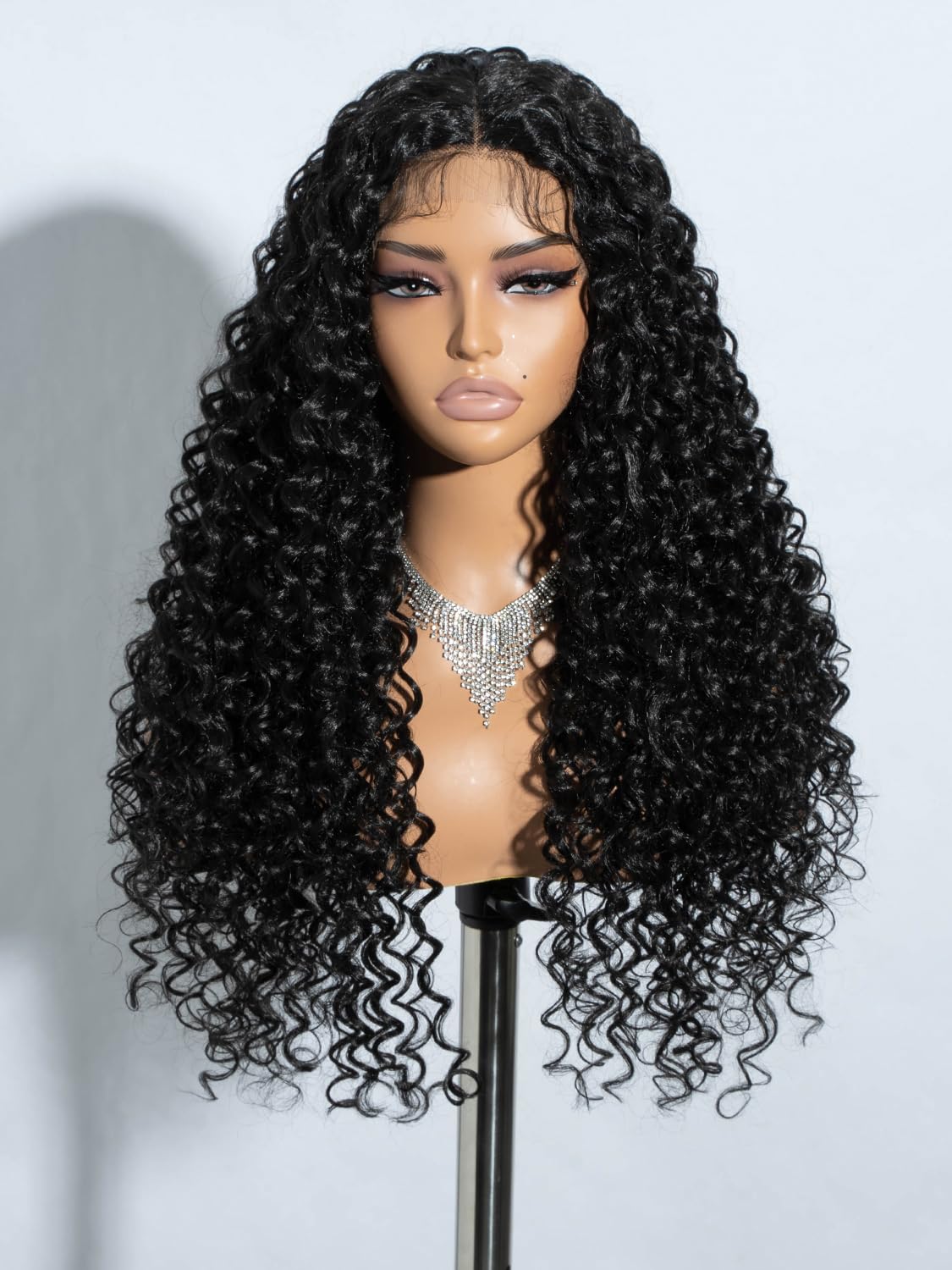 Joedir Black Lace Front Wig Long Deep Wave Curly Wigs for Women Synthetic Natural Crimps Curls Lace Frontal Wig 24 Inches T-Part Preplucked Hairline Wig with Baby Hair