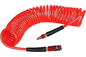 EADUTY Heavy Duty Polyurethane Recoil Air Hose 1/4 in x 25 ft, Lightweight, Flexible Compressor Hose with Universal Quick Coupler, I/M Plug and Bend Restrictors, Red