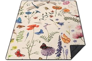 Cuslnox Picnic Blankets Waterproof Foldable Extra Large,80"x 60" Outdoor Beach Blanket Sandproof,3-Layer Lightweight Handy Mat Tote Picnic Camping Rugs for Outside Your Rv(Vintage Butterfly Flowers)