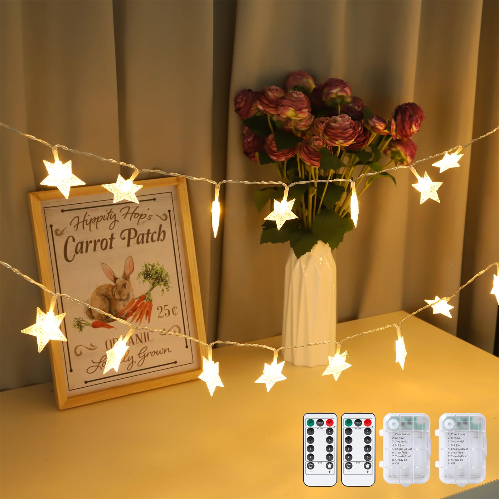Photo 1 of 2 Pack Star String Lights Total 33ft 100 LED Hanging Star Fairy Lights Battery Operated for Indoor Outdoor Waterproof Twinkle Lights with Remote Control for Bedroom Party Christmas Decor Warm White