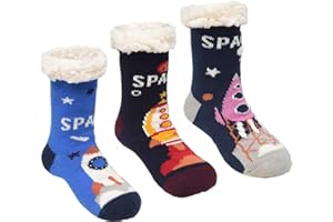 FENELY 3 Pairs Winter Kids Fuzzy Slipper Socks 2-4/4-6/6-8 Girls Boys Thermal Warm Non-Skid，Gifts for Christmas Stocking