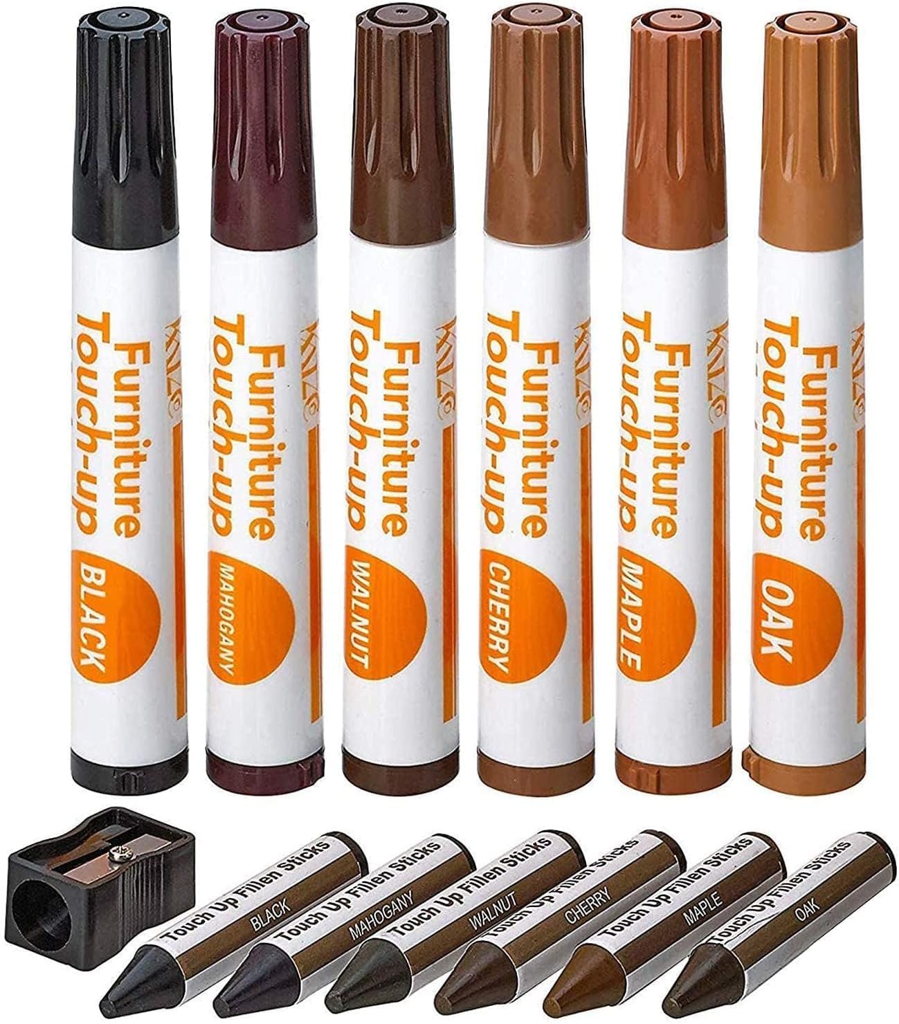 katzco Furniture Repair Kit Wood Markers - Set of 13 - Markers and Wax Sticks with Sharpener - for Stains, Scratches, Floors, Tables, Desks, Carpenters, Bedposts, Touch-Ups