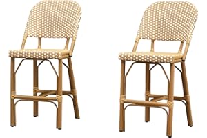 PURPLE LEAF Outdoor Counter Height Bar Stools Set of 2 25" French Country Patio Rattan Bar Stool Chairs with Teak Print Finish Outdoor Armless Barstools for Porch Garden Indoor Kitchen, Khaki