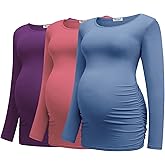 Bearsland Womens Maternity Long Sleeve Tshirt 3 Packs Classic Side Ruched Tee Top Mama Pregnancy Clothes