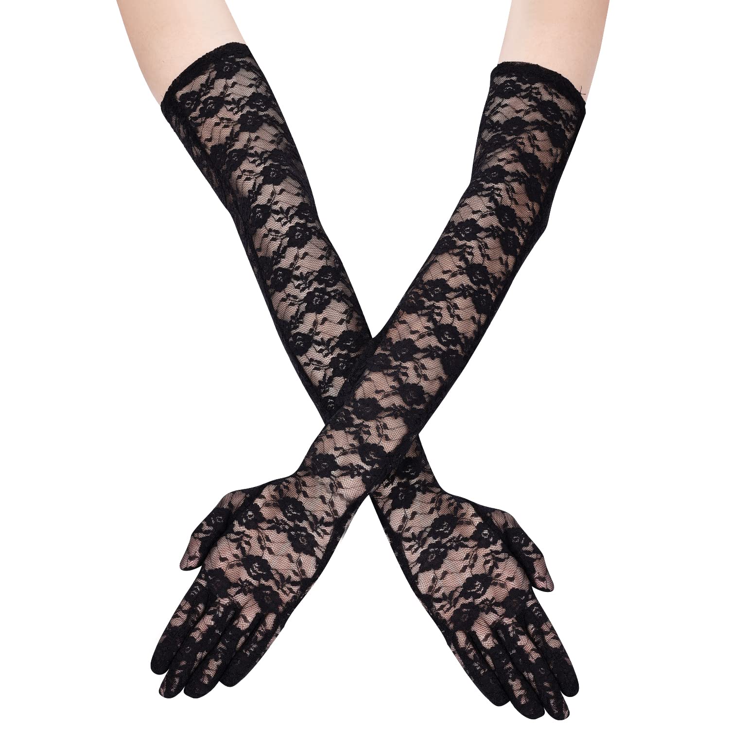 KINBOM Long Lace Gloves, Bridal Gloves for Wedding Small Flower Pattern Floral Lace Gloves for Women Tea Party 1920s Costumes Prom Masquerade, One Pair, Length 21.3inch (Black)