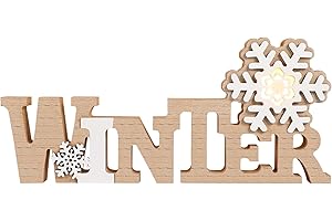 GARNECK Didiseaon Christmas Wooden Tabletop Decoration Winter Words Snowflake Decor Standing Wood LED Sign for Christmas Party 11.4x4.8 inch