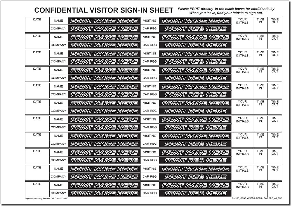 Cherry Printers NCR Confidential Visitor Sign In Refill Pack A4 50 Sets