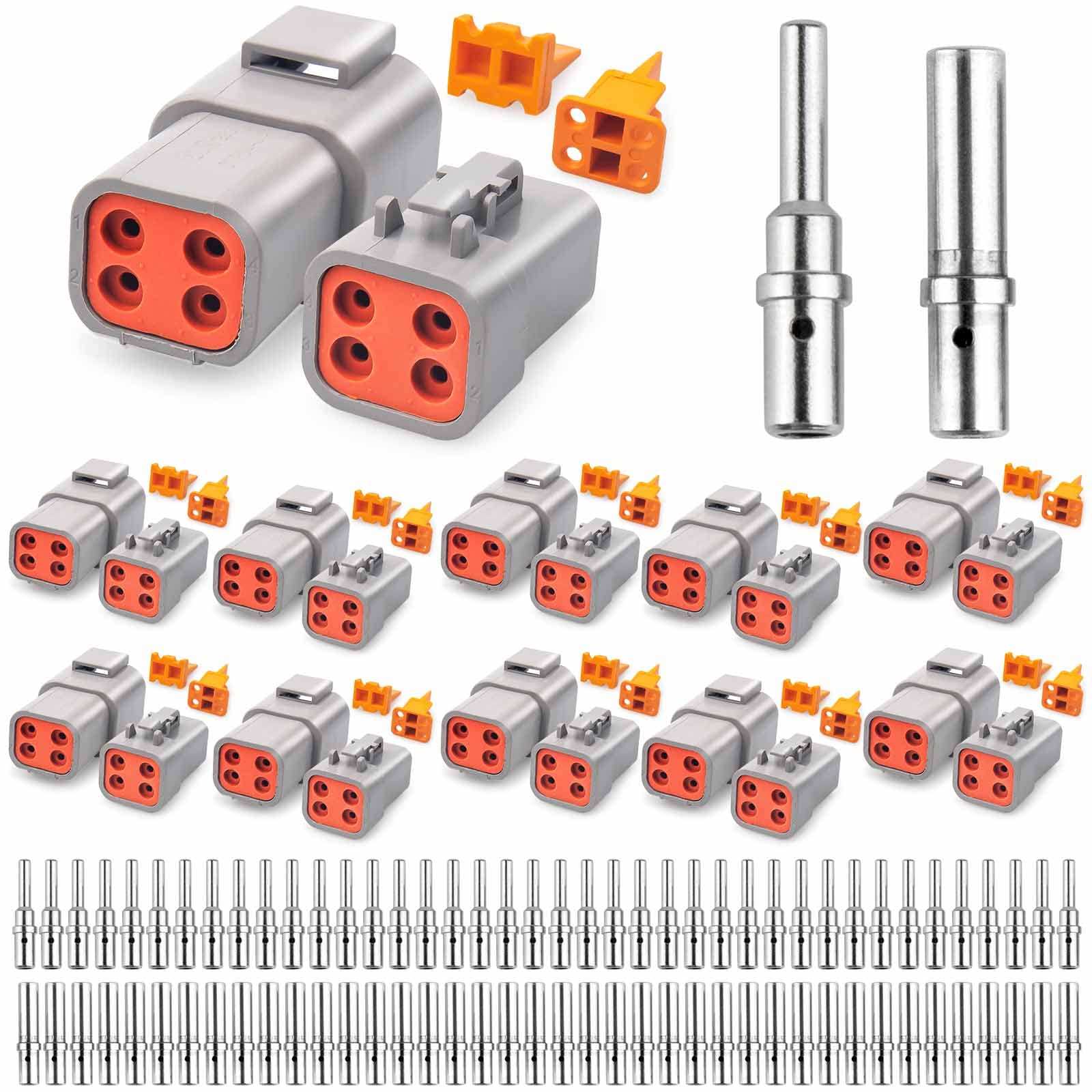 Photo 1 of JRready ST6279 Deutsch DTP 4 Pin Connector Kit 10 Sets Auto Waterproof Electrical Wire Connector Kit with 40Pairs 16-12AWG Solid Contacts Size 12 Closed Barrel Terminals, 25 Amps
