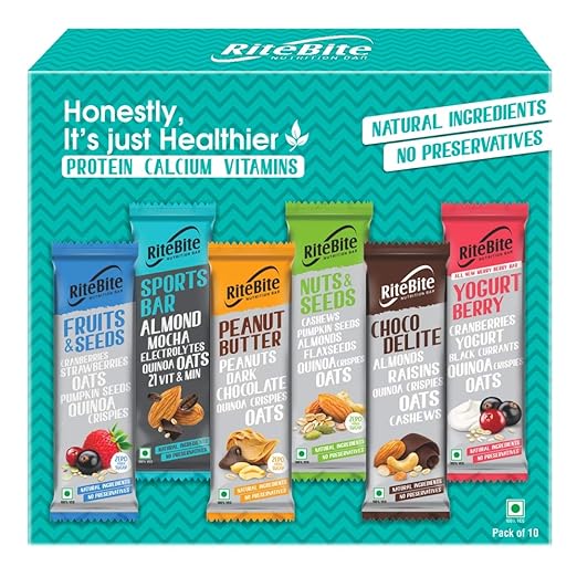 RiteBite Nutrition Assorted Bar Pack of 10 (Choco Delite-1, Yogurt Berry-1, Peanut Butter-2, Fruits & Seeds-2, Nuts & Seeds- 2, Sports Bar-2)
