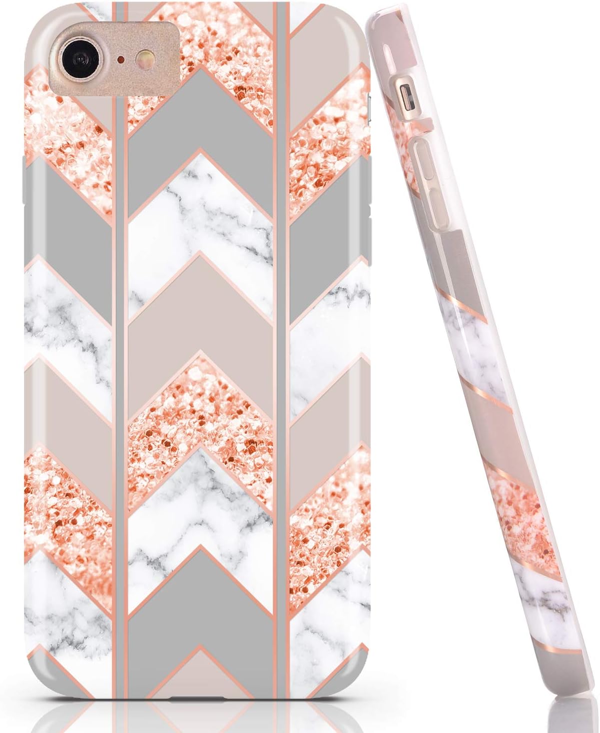 BAISRKE Shiny Rose Gold Wave Geometric Marble Case Slim Soft TPU Rubber Bumper Silicone Protective Phone Case Cover Compatible with iPhone 8 / iPhone 7 / iPhone 6 6s 4.7 inch [Pink]