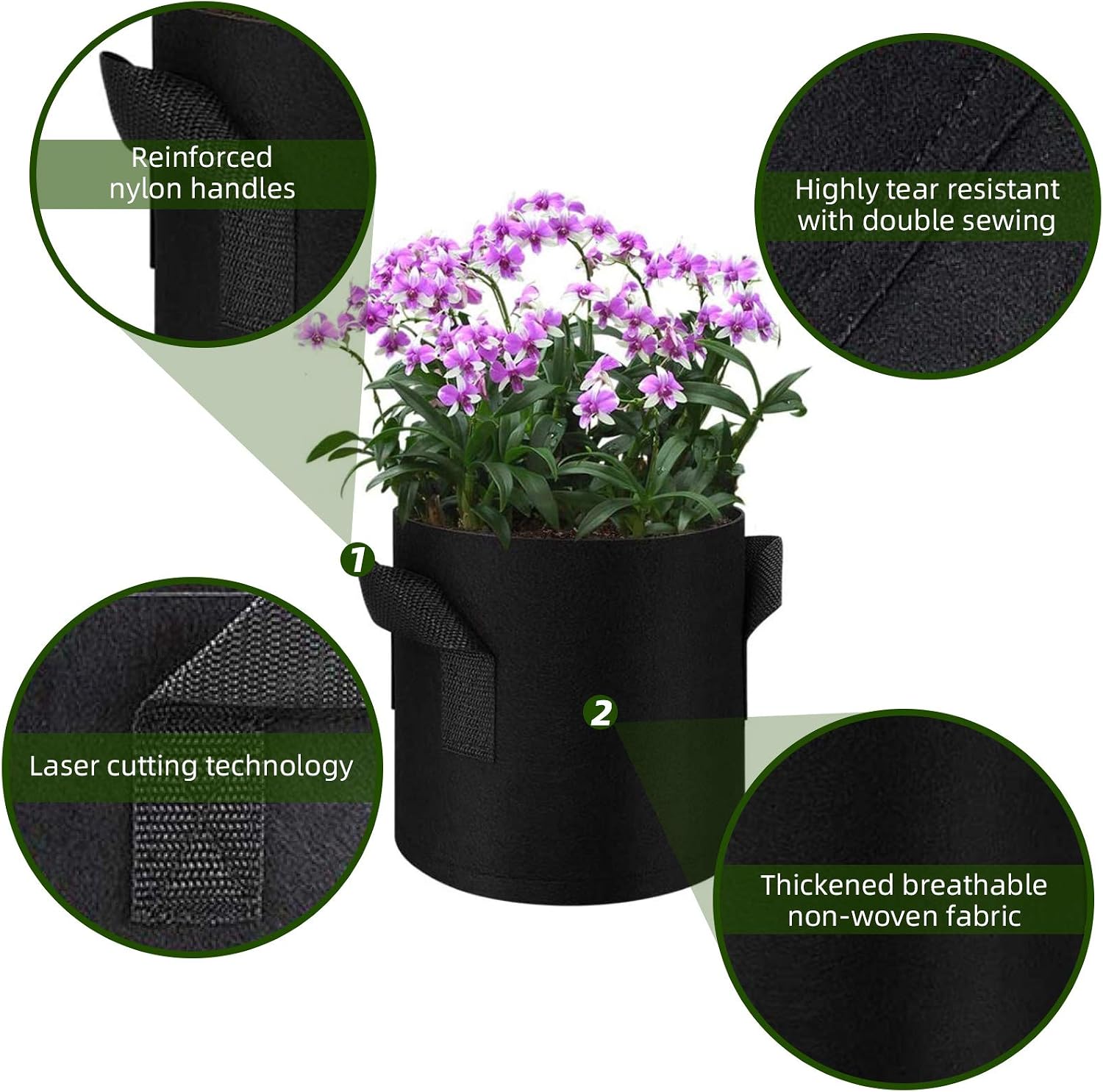 WHATWEARS 5 Pack 5 Gallon Plant Grow Bags, Thickened Nonwoven Fabric Pots with Handles, Vegetable Planter Bags Containers - Image 4