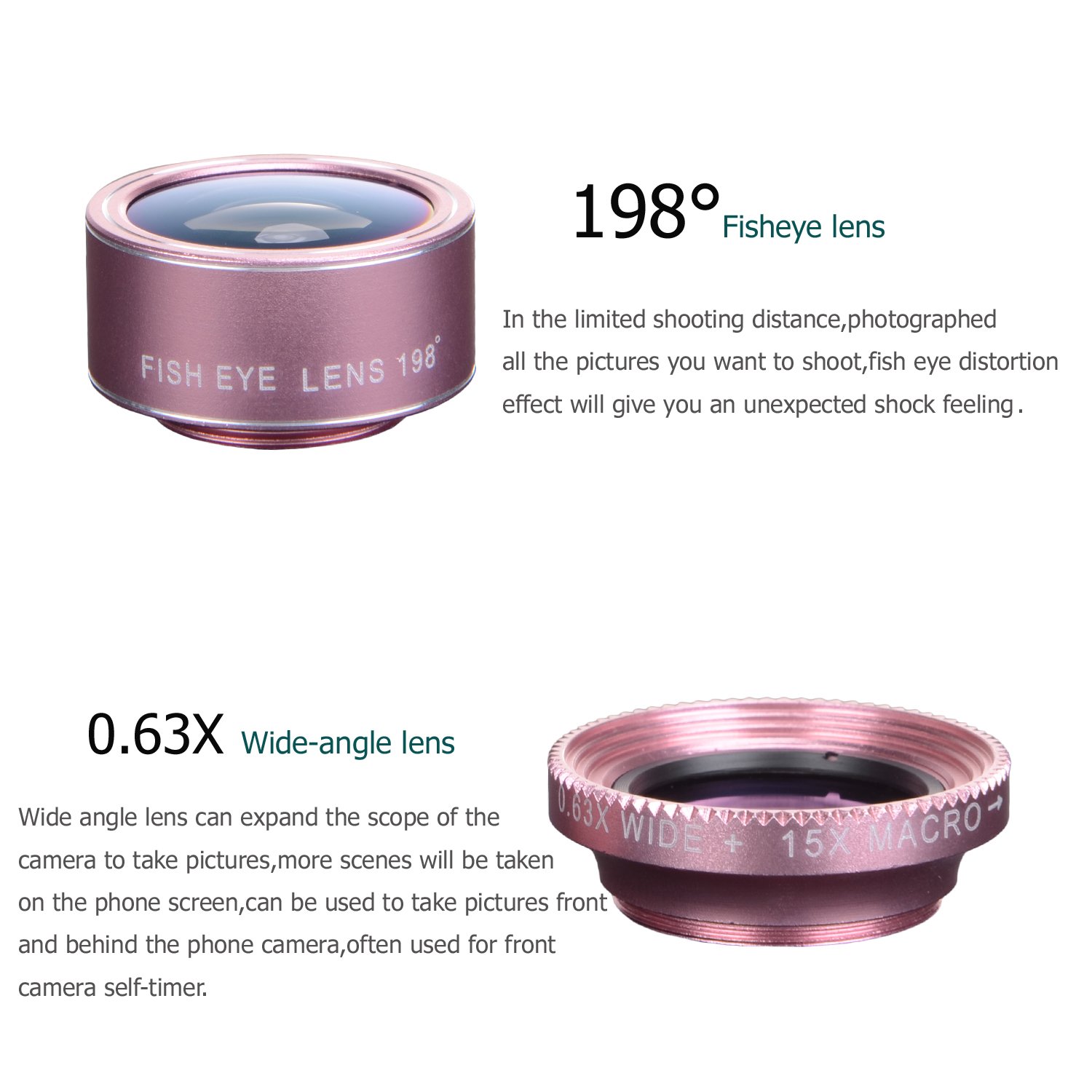 Cell Phone Camera Lens, YELIN 4 in 1 Phone Camera Lens, 198°Fisheye Lens 15X Macro Lens 0.63X Wide Angle Lens CPL Lens Universal Clip-on Camera Lens Kit for iPhone Samsung etc. (Pink & White)