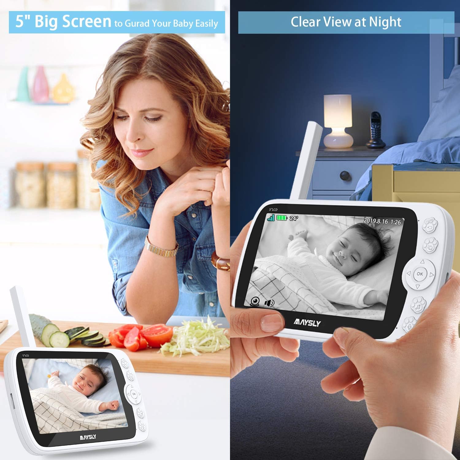 Video Baby Monitor with Camera and Audio , Maysly 1080P 5" LCD Screen with Night Vision Two Way Audio Temperature Detection VOX Mode 1000ft Range Support Video Storage and Playback: Home Improvement
