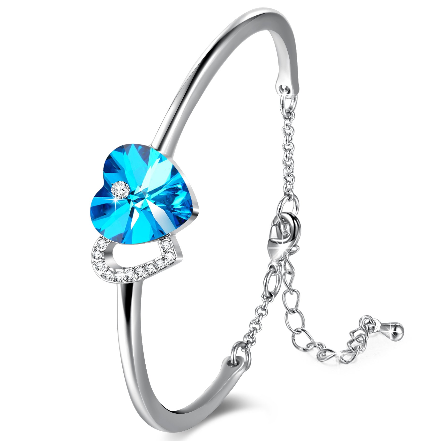 Angelady Love Story Heart Link Bangle Bracelet for Birthday Anniversary Wedding Gifts,Blue Crystal from Swarovski