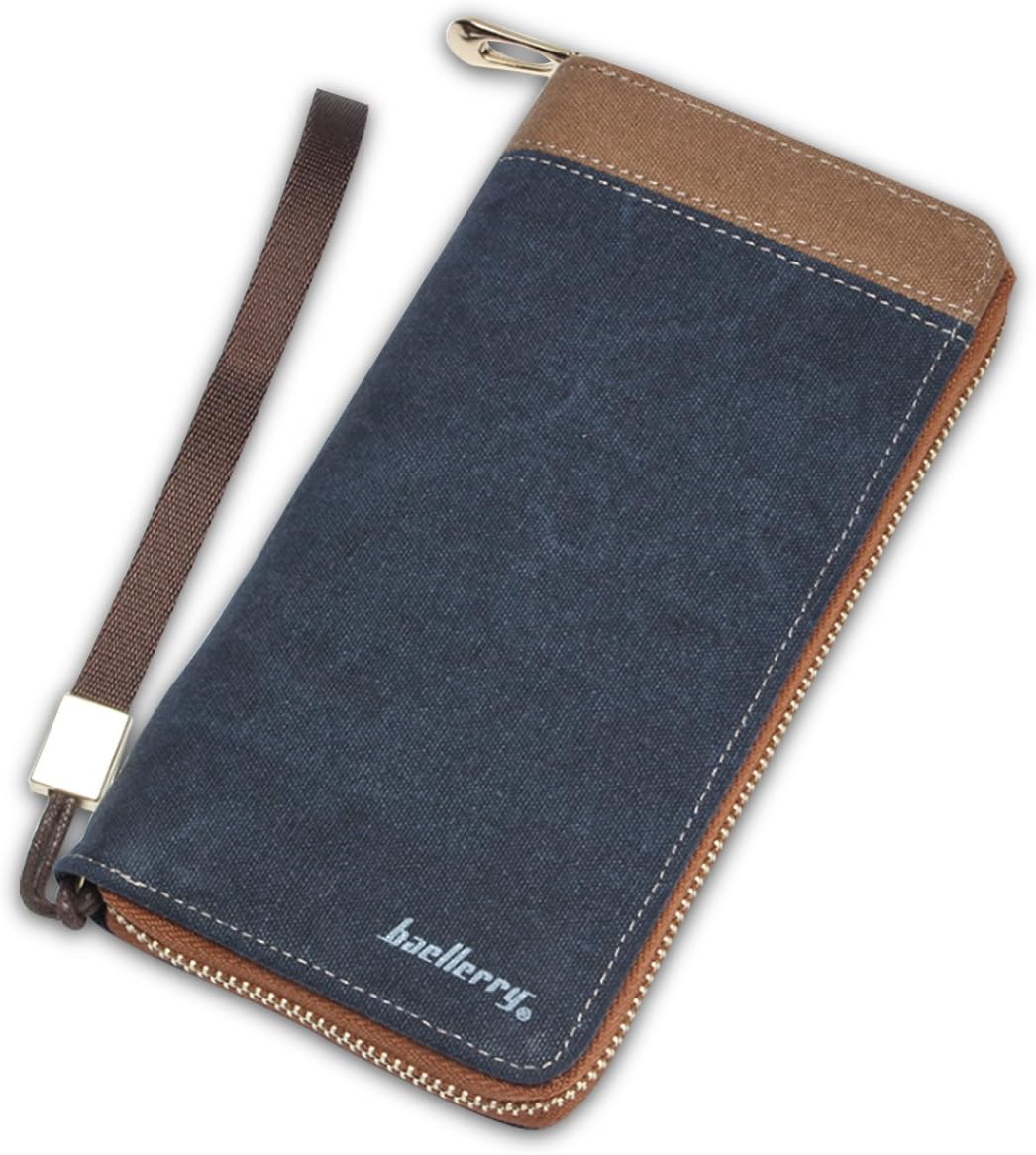 FANDARE New Long Wallet Two-fold Zipper Multi-Card Position Business Travel Student Large Capacity Men Purse Wear-Resistant Canvas Blue