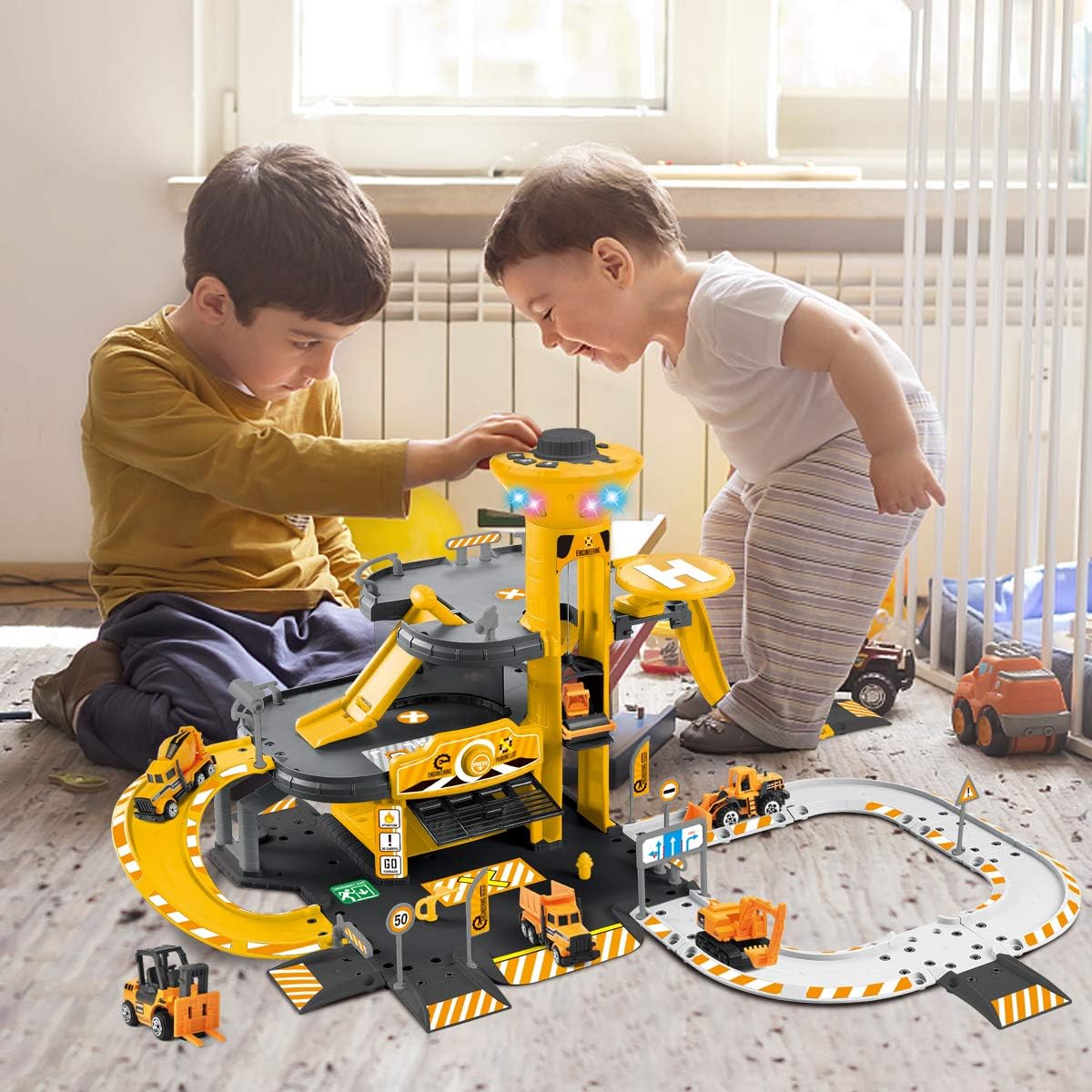 NEWRICE 3-Floors City Engineering Station Parking Lot Toy Set, with Lights & Sounds,1Helicopter+6pcs Metal Die-Toy cast Cars,Track,Garage,Electric Lift.for 3-6 Year Boys & Girls/Kids: Toys & Games