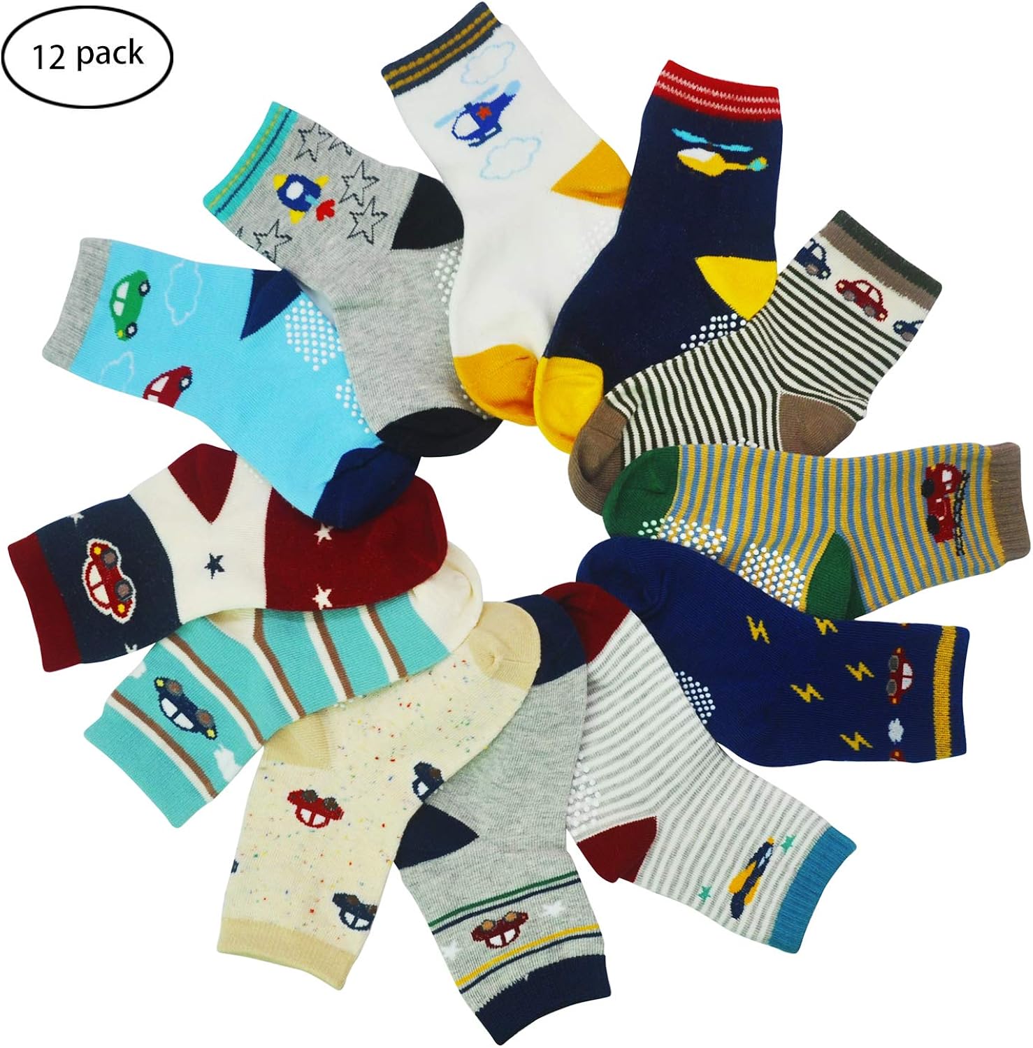 Hycles 12 Paia Calzini Bambino Neonato Antiscivolo Cotone Calze per Ragazzi Bambina Bambini 12