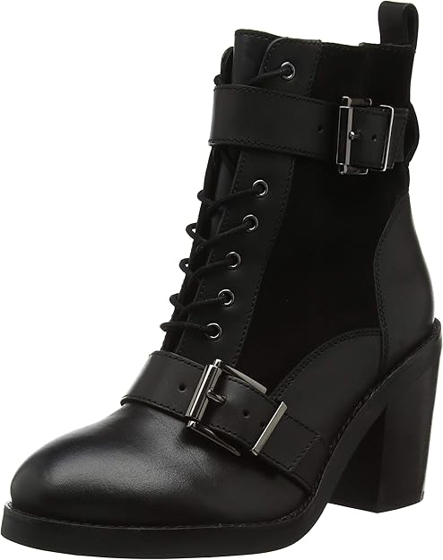 office all rise black chunky heeled two buckle boots