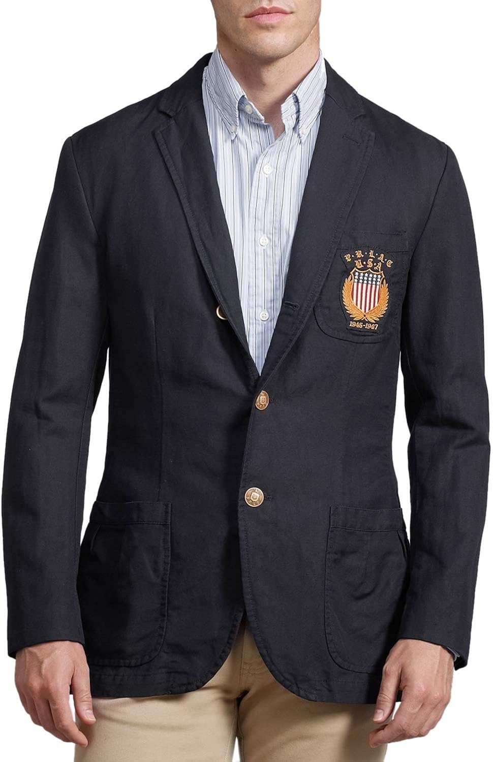 Ralph Lauren Polo Mens Linen Cotton USA Blazer Sport Coat Jacket Navy Brass 42L at Amazon Menâs 