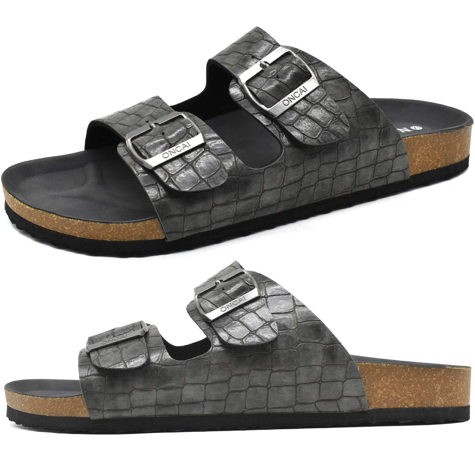ONCAI Men's-Slide-Sandals-Beach-Slippers-Arizona Slippers Shoes Indoor and Outdoor Anti-skidding Flat Cork Sandals and Beach Slippers with Two Adjustable Straps