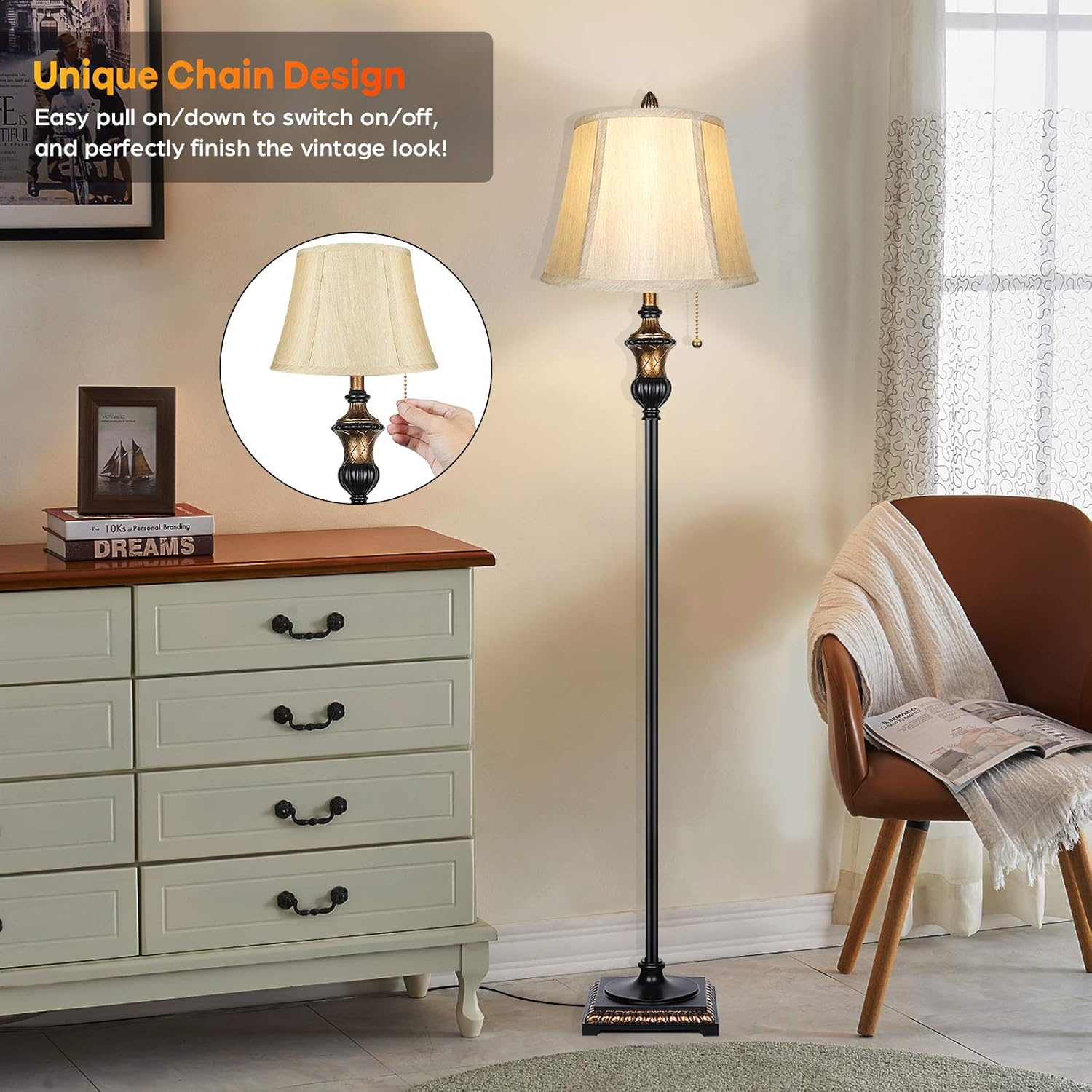 TOBUSA Traditional Floor Lamp, Classic Standing Lamp with Bronze Fabric Shade, Vintage Elegant Tall Pole Lamp for Living Room Bedroom Office Reading, Rustic Upright Floor Lights, Pull Chain Switch - - 