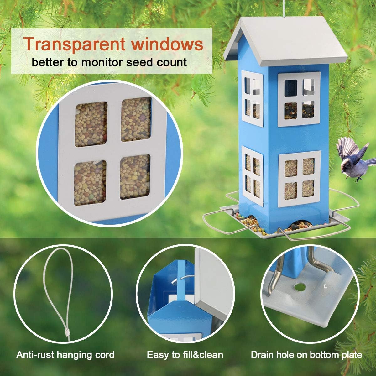 LIMEIDE Bird House Feeders for Outside, Hanging Bird feeders Weatherproof Country House Design for Easy Cleaning & Refills, Come with Hook to Hang on Tree, Poles in Backyard Garden, Patio (Blue) : Garden & Outdoor