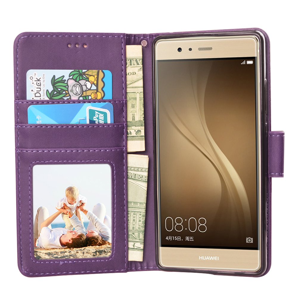 Huawei P9 Case, MagicSky Wallet Case Folio Flip Premium PU Leather Case Cover with Card Holder Slot Pockets, Wrist Strap, Magnetic Closure For Huawei P9 - Purple