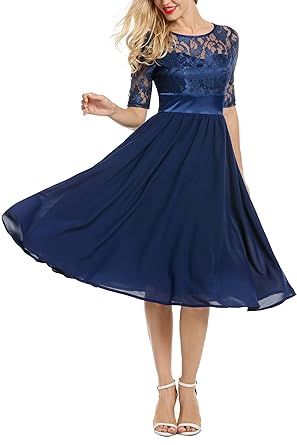 Meaneor Damen Elegant Abendkleid Ballkleid Cocktailkleid Brautkleid Brautjungfernkleid Spitzenkleid Chiffonkleid Halb Arm Hoc