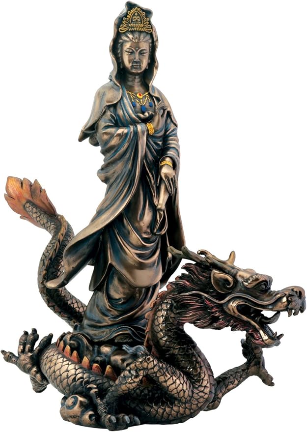 Bronze Kuan Yin with Dragon Buddhism Display Statue Home