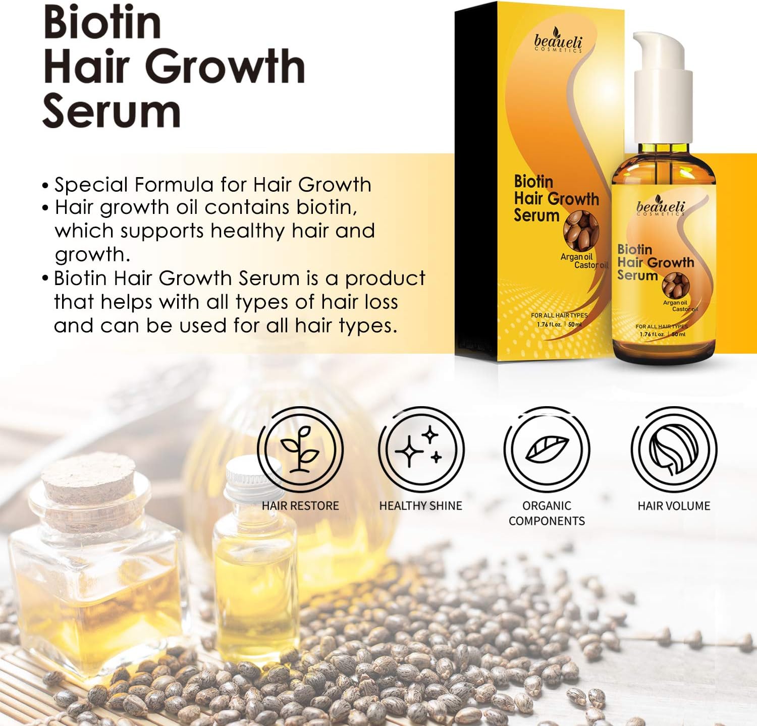 Biotin Hair Growth Serum with Castor Oil, Argan Oil - Hair Loss Prevention Treatment with fine thinning hair Formula to Help Grow Healthy Thicker Strong Hair for Men & Women By Beaueli: Sports & Outdoors