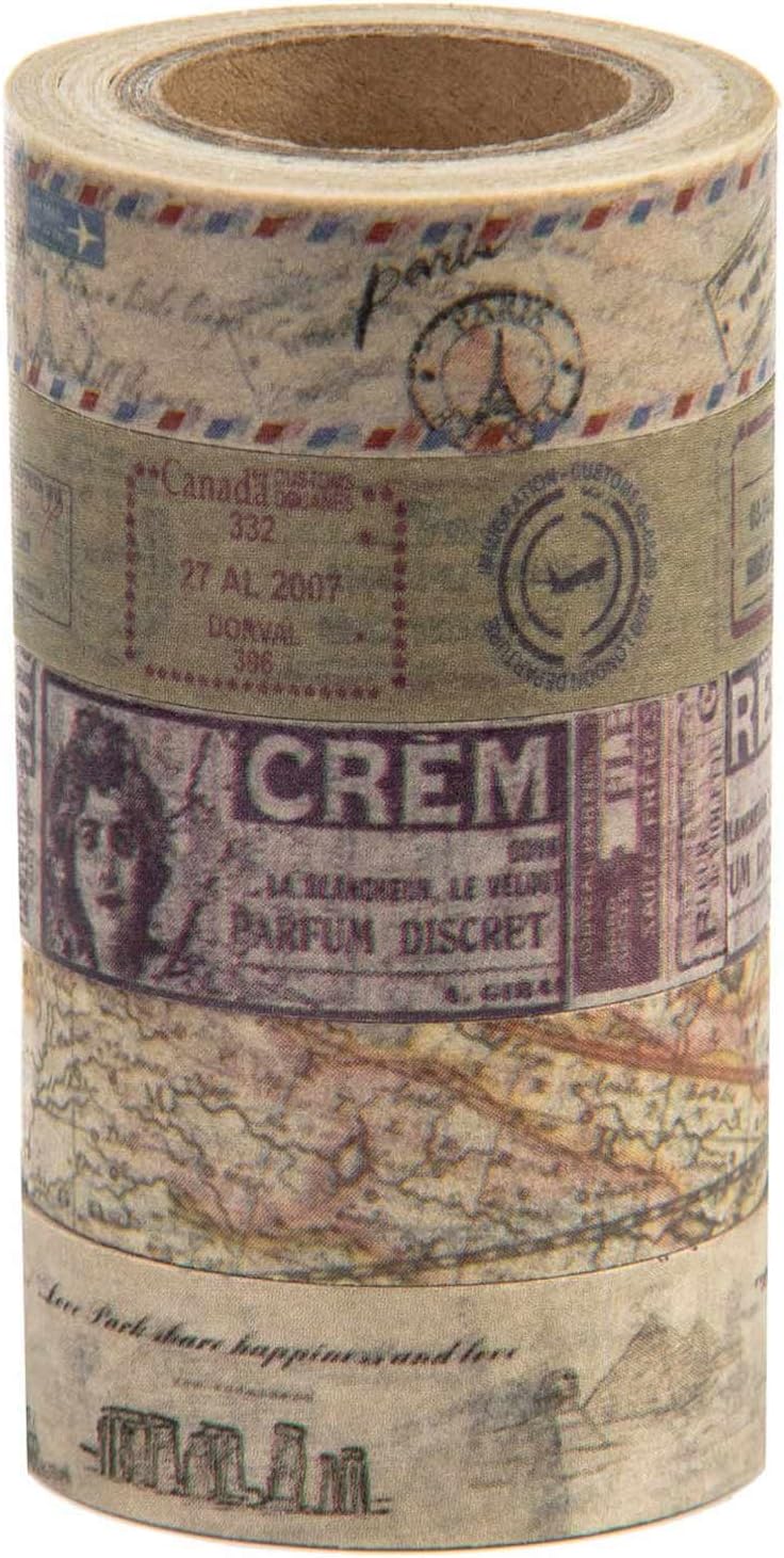 Antique Washi Tape Set (Japanese Masking Tape) by MIKOKA, 0.6 Inches Wide, 32.8 Feet Long, 5 Rolls - Vintage Selection