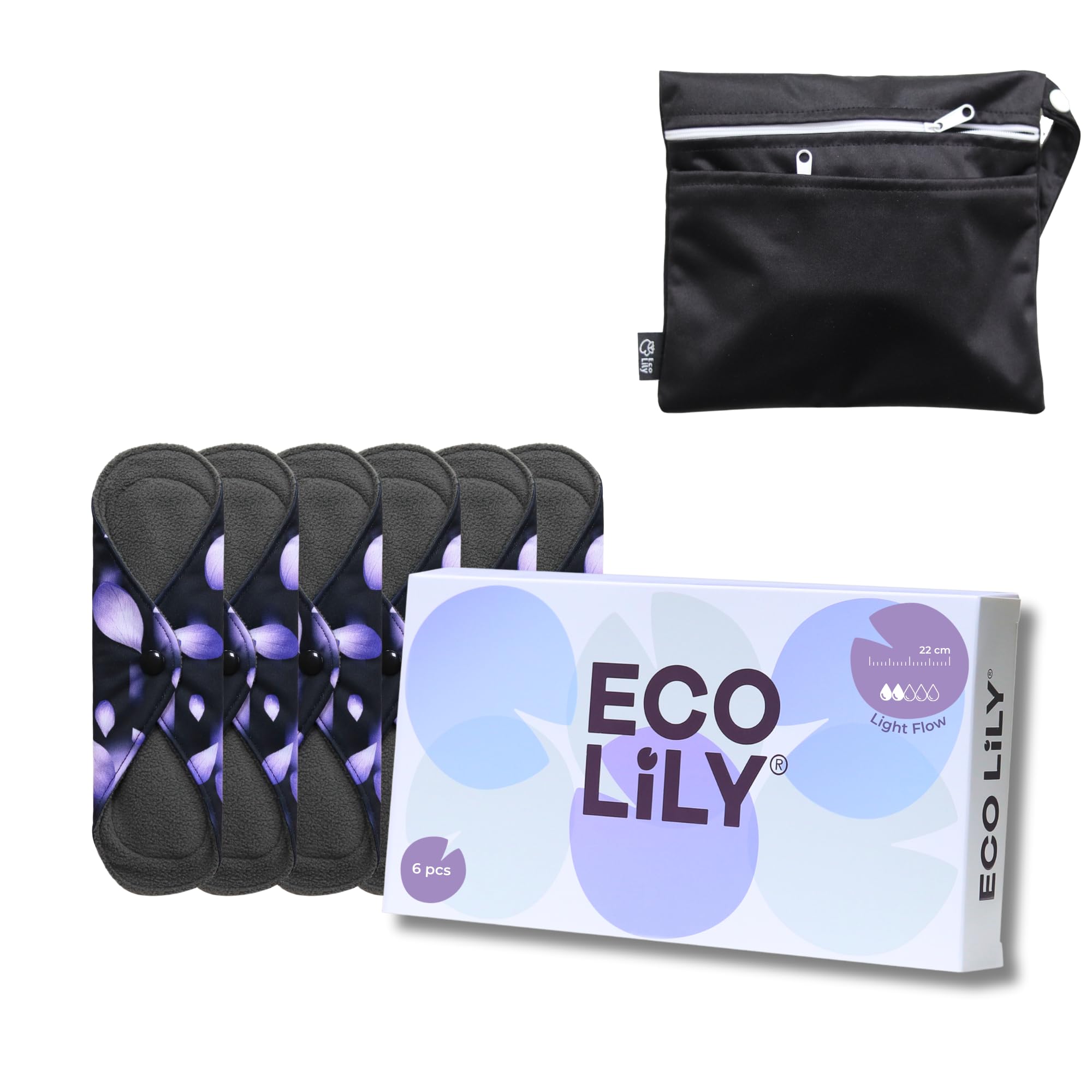 Eco Lily® Reusable Sanitary Pads - Pantyliner (6Pk) - Leakproof Odour-Absorbing Charcoal Bamboo Pads with Waterproof Wet Bag