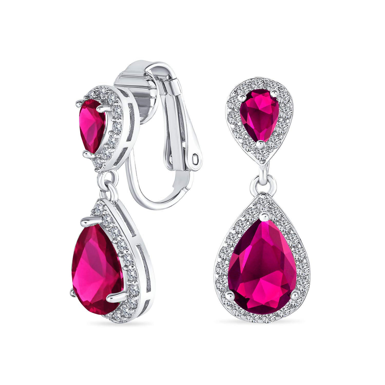 Red Teardrop CZ Halo Prom Drop Statement Chandelier Clip On Earrings Simulated Ruby Cubic Zirconia Silver Plated Brass — image 1