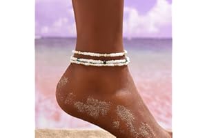 Bohemian Triple Layer White Beaded Anklet Set, Gold Accent Beach Summer Jewelry