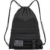 seyfocnia Drawstring Backpack Tactical String Bag with Zipper Pockets Waterproof Cinch Bag Sport Gym Sackpack - Black