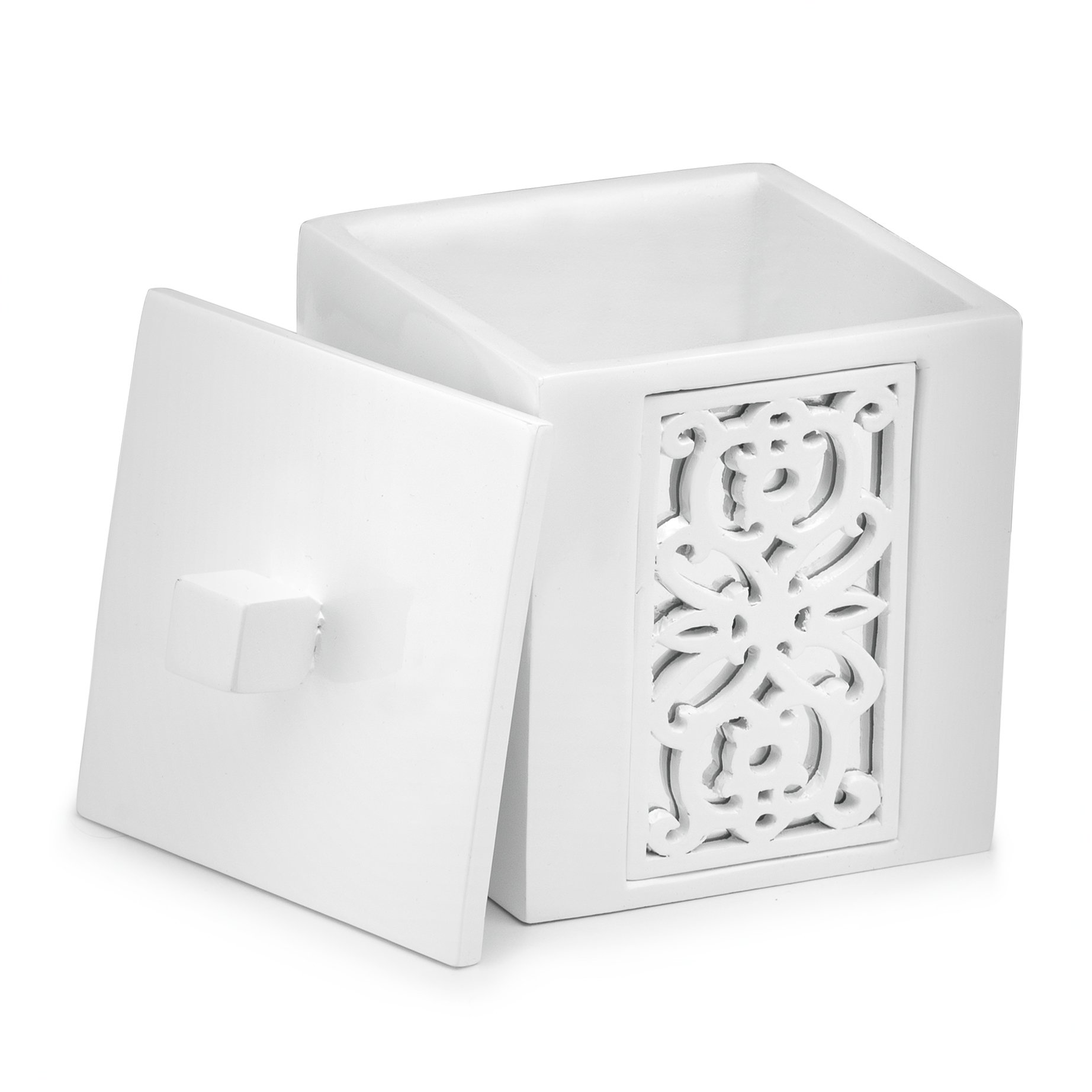 Dwellza Mirror Janette Q Tip Holder (3.6 x 3.6" 4.85") - Decorative Cotton Ball Jar- Durable Resin Swab Container- Beautiful Bathroom Vanity Accessories- Elegant Bath Storage (White)