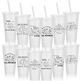 Sliner 12 Pcs Book Lovers Gifts 24 oz Book Club Themed Tumbler with Straw and Lid Reusable Bookish Gifts for Reader Themed Party Birthday library(White)