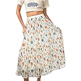BEAUTYZIN Women's Floral Tiered Maxi Skirt Elastic High Waisted Skirt, A-line Flowy Skirt Tulle for Women 2025 Summer