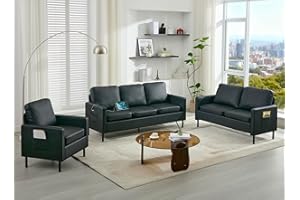 STHOUYN 3 Piece Living Room Furniture Sets, 3 Seat Couch and Loveseat with 2 USB, Single Sofa Accent Chair, Modern Small Couches for Small Spaces (Black 1+2+3)