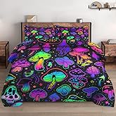 WeCozy Queen Size Comforter Set with 2 Pillowcases, Summer Halloween Mushroom Neon Soft 3 Pcs Bedding for Kids and Adults Bedroom Bed Decor