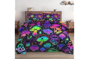 WeCozy 3 Pcs King Size Comforter Set with 2 Pillowcases, Summer Halloween Mushroom Neon Soft Bedding Set for Kids and Adults Bedroom Bed Decor